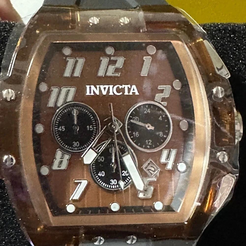 Invicta Men’s Chronograph Tonneau Watch Black Silicone Strap Bronze Dial NIB